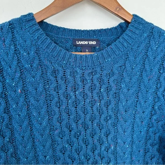 Lands' End Women's Blue Cable Knit Sweater, high-low hem, loose fit - Picture 4 of 9